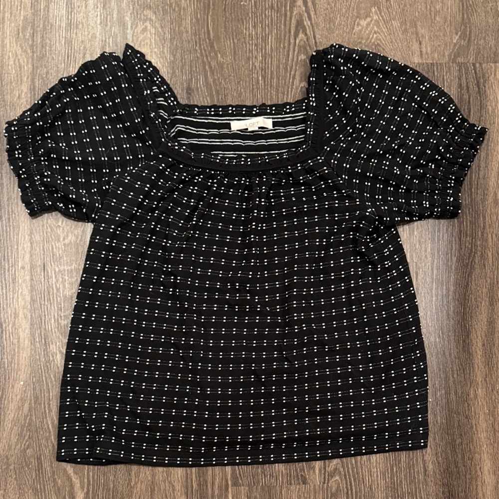 LOFT Black Dot-Grid Puff Sleeve Square Neck Top
